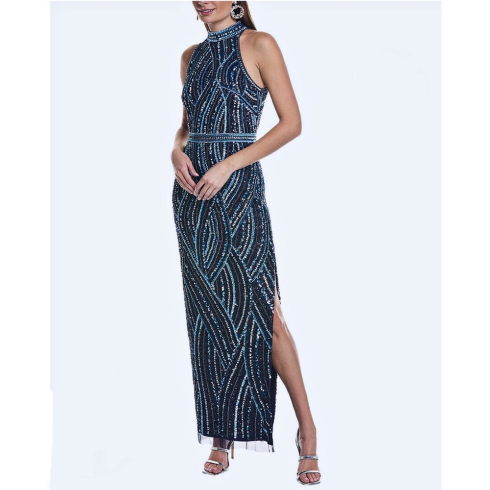 Aidan Mattox navy fully beaded halter Gown